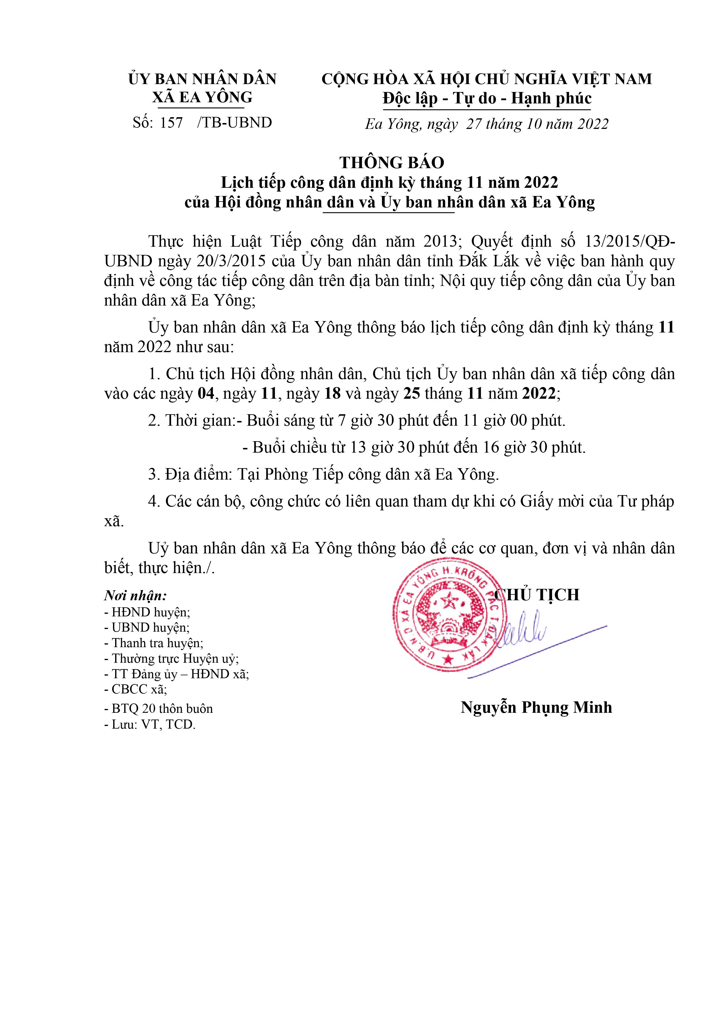 Lịch tiếp công dân định kỳ tháng 11 năm 2022 của Hội đồng nhân dân và Ủy ban nhân dân xã Ea Yông
